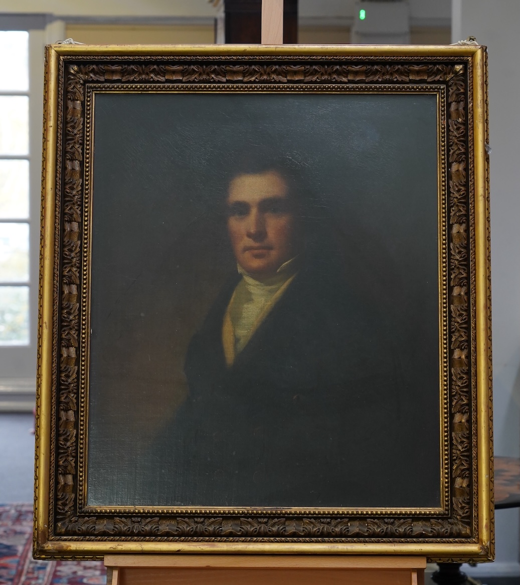 English School, 19th century, A portrait of a gentleman wearing a cravat and frock coat